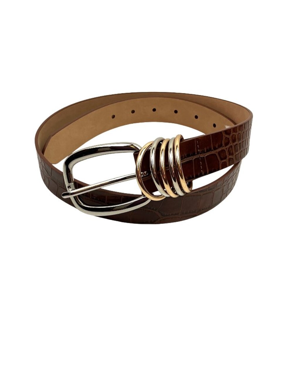 Randa Faux Croc Leather Belt With Gold & Silver Keeper Rings Women’s 32 Brown